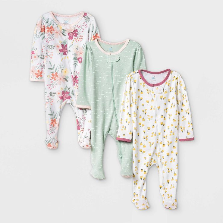 Baby Girls' 3pk Meadow Zip-Up Sleep N' Play - Cloud Island™ White/Mint/Yellow | Target