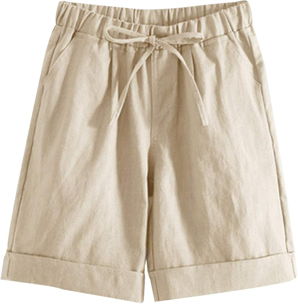 Tanming Women's Summer Casual Elastic Drawstring Rolled Hem Bermuda Shorts with Belt | Amazon (US)