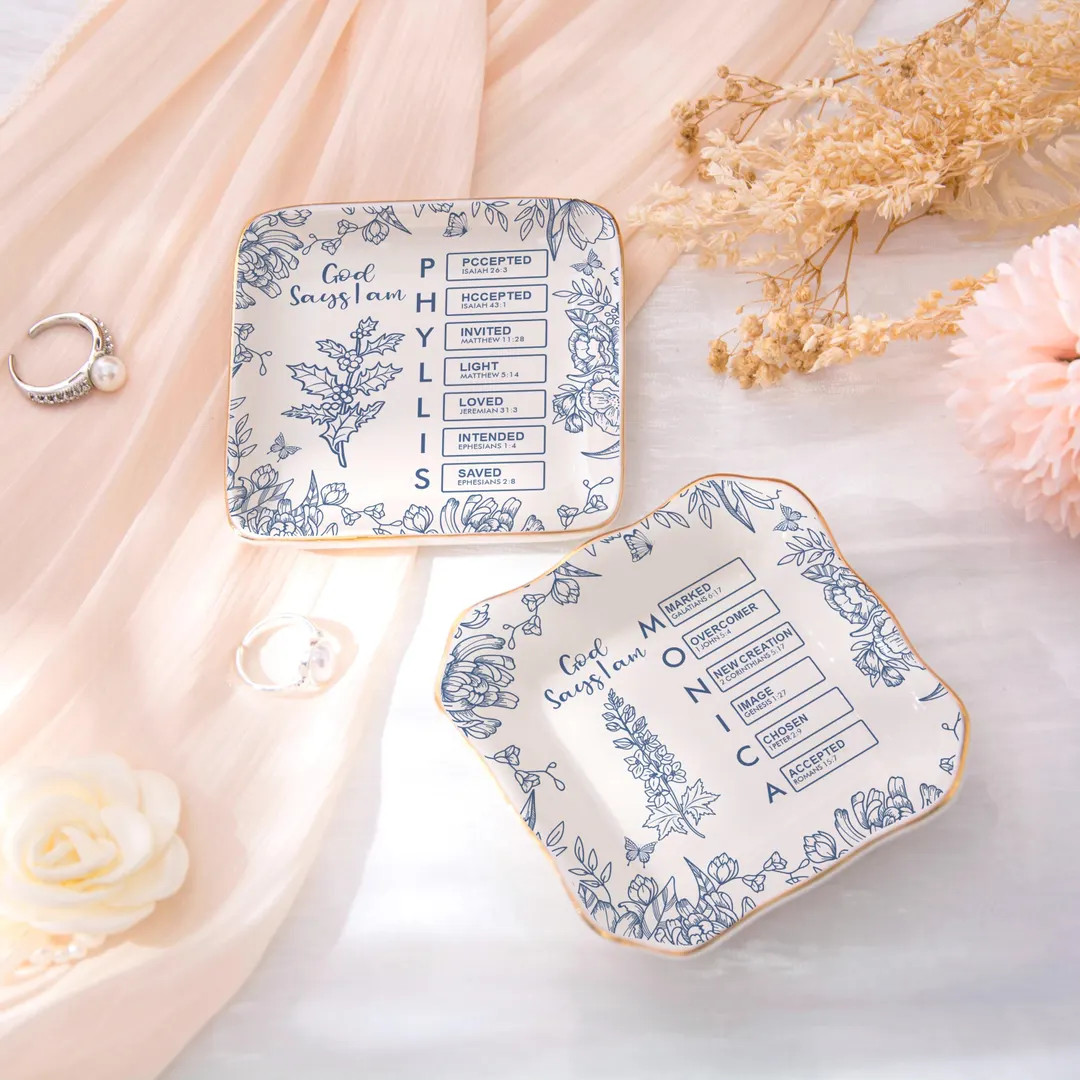 Personalised Christian Name Trinket Dish, Toile De Jouy Jewelry Dish, God Say I am Name Letter in... | Etsy (US)