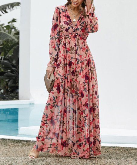 Red & Pink Floral Long-Sleeve V-Neck Maxi Dress - Women | Zulily