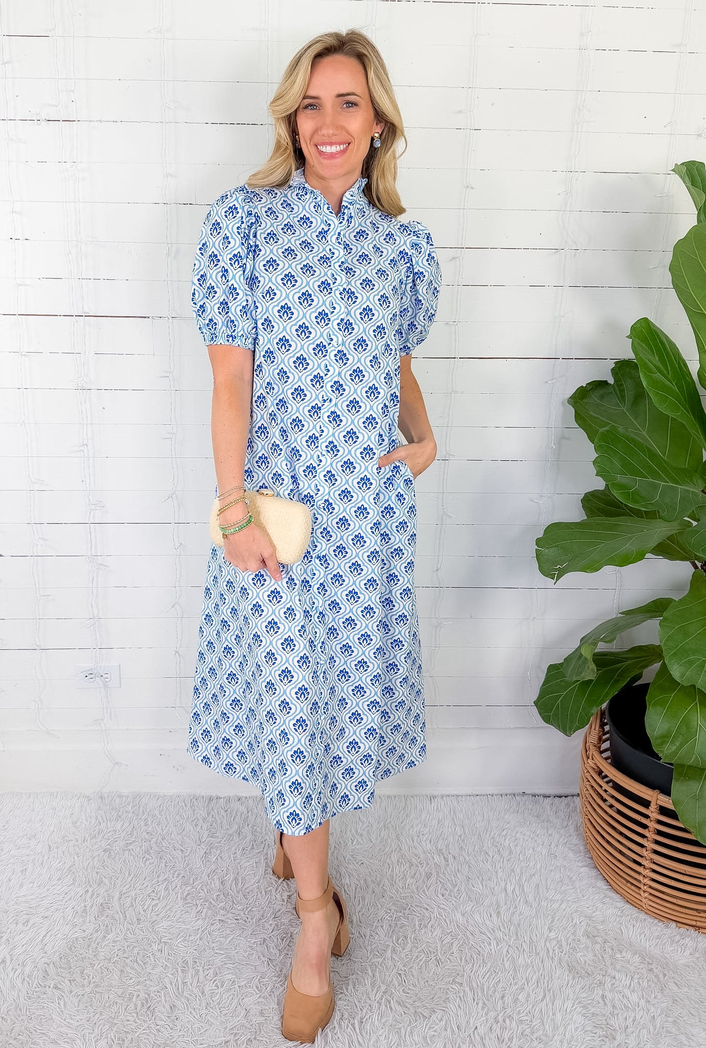 Margot Cobalt + Sky Ruffle Collar Button Midi Dress Gigio | Clover and Bee | Clover + Bee