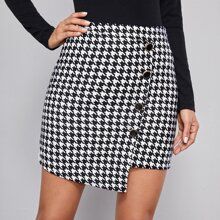 Buttoned Front Asymmetrical Hem Houndstooth Skirt | SHEIN