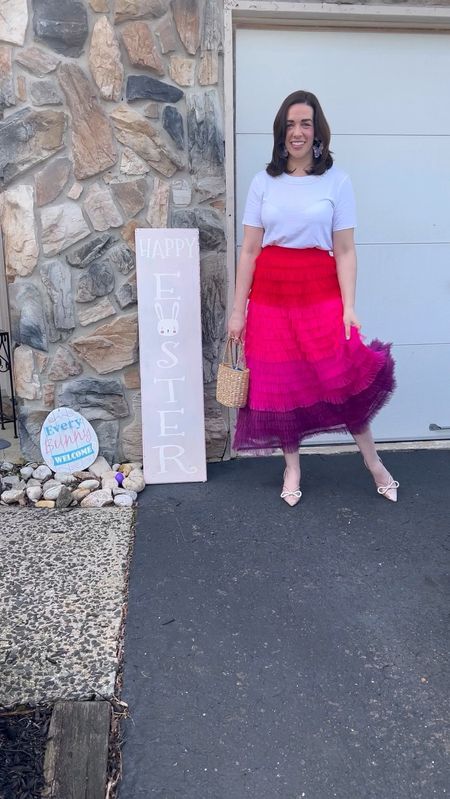 White pearl embellished t-shirt (size small). Ombré ruffled skirt (size small). Bow pumps (size 8.5). #springoutfit #tshirt #whitetshirt #skirt #ruffledskirt #heels #pumps #bowheels #bowpumps #springfashion 
Spring Outfit 

#LTKSeasonal #LTKstyletip #LTKfindsunder100