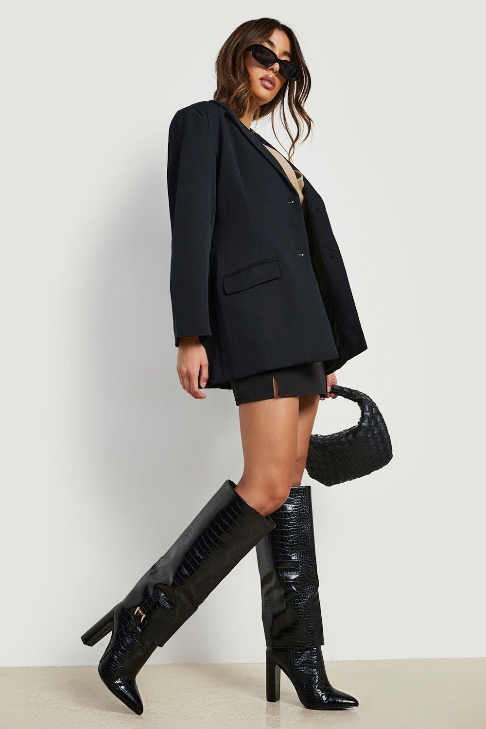 Womens Wide Fit Fold Over Buckle Detail Pointed Knee High Boots - Black - 4 | Boohoo.com (US & CA)