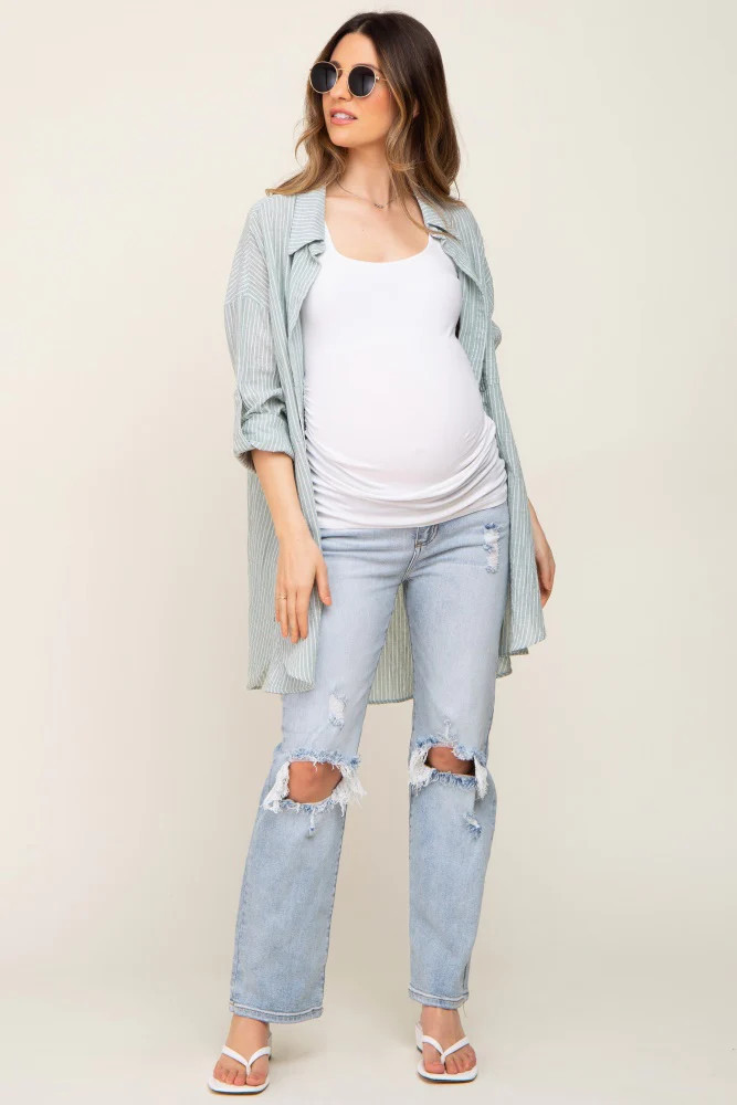 Light Blue Distressed Ripped Knee Straight Maternity Jeans | PinkBlush Maternity