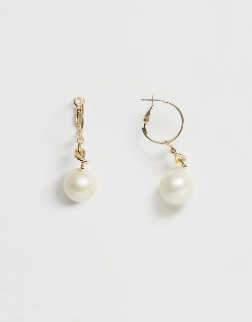 ASOS DESIGN hoop earrings with knot and pearl drop in gold tone | ASOS US