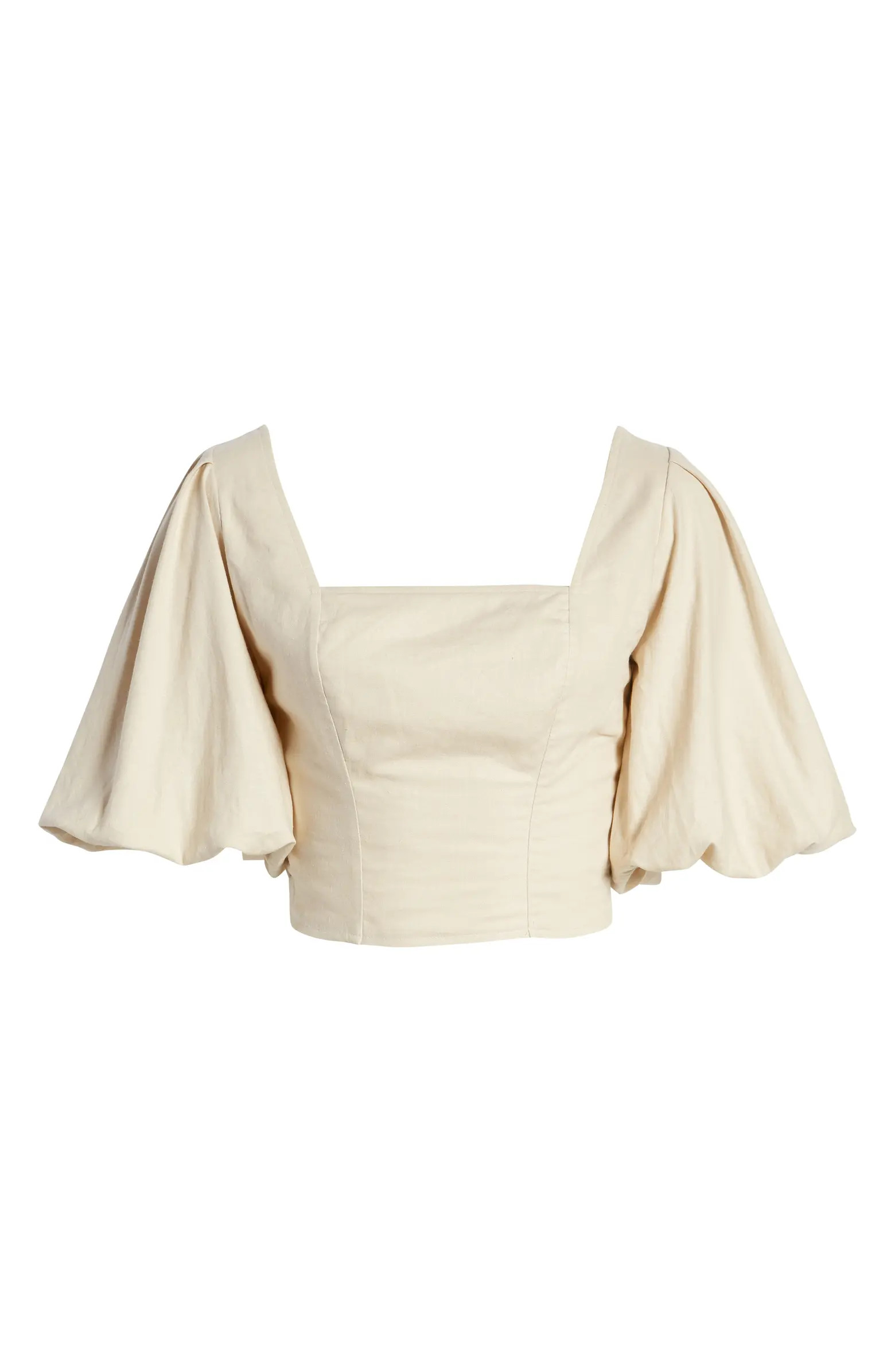 Open Edit Puff Sleeve Linen Blend Crop Top | Nordstrom | Nordstrom