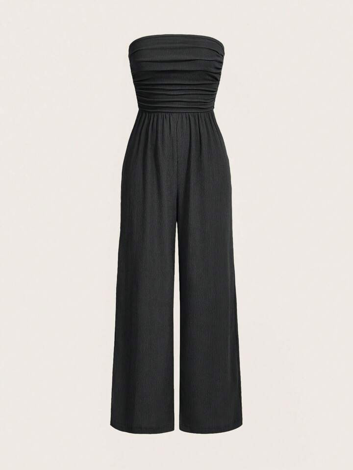 SHEIN EZwear Women Fashionable Solid Color Strapless Jumpsuit With Waist Tie | SHEIN