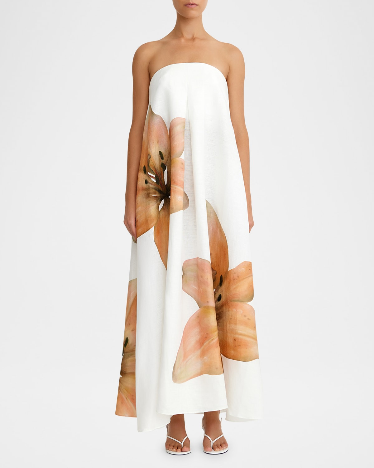 Parisa Flower-Print Strapless Linen Maxi Dress | Neiman Marcus