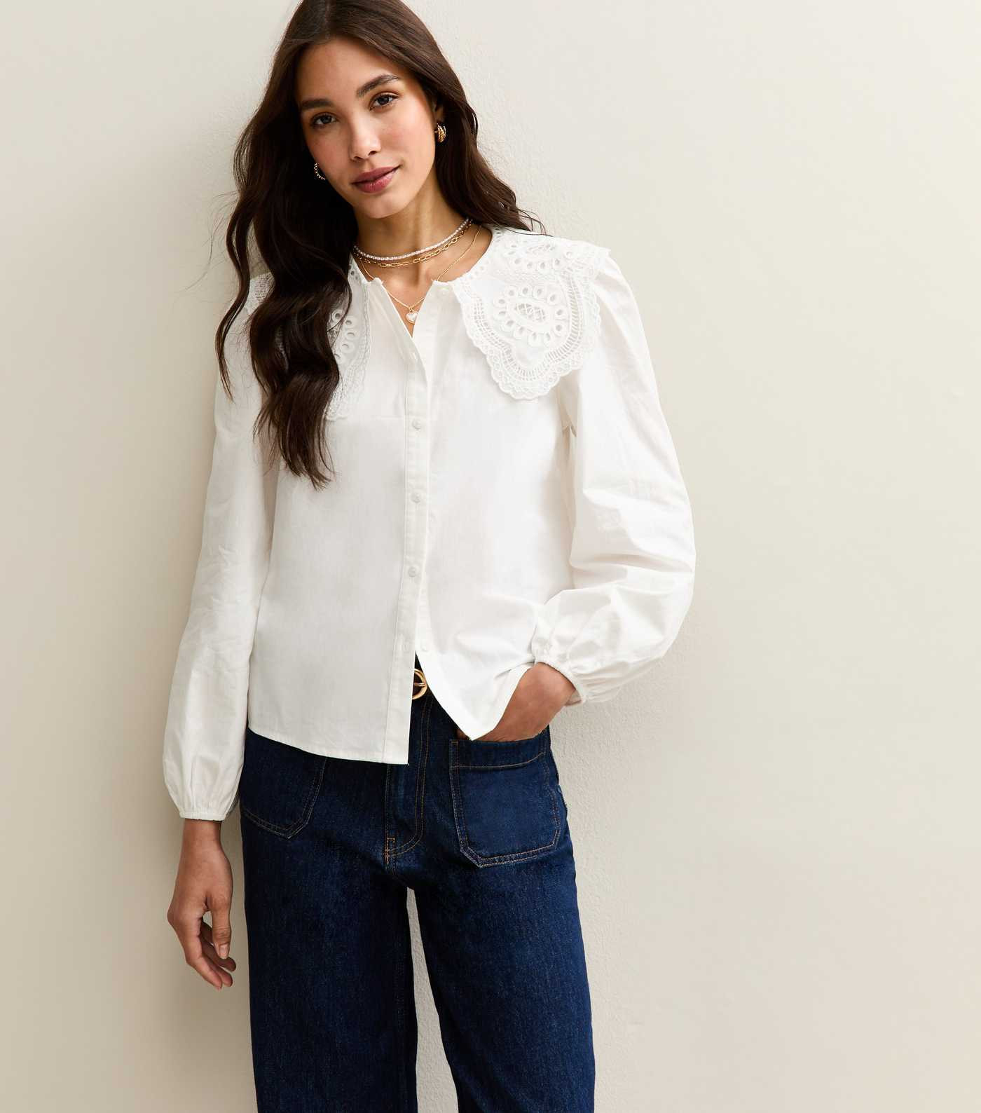 White Embroidered Scallop Collar Long Sleeve Shirt | New Look | New Look (UK)