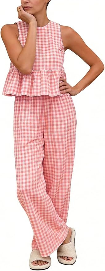 Womens 2 Piece Gingham Set Cute Plaid Open Back Ruffle Outfits Tops and Pants Vacation Matching L... | Amazon (US)