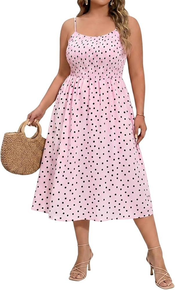 Beautife Women's Plus Size Midi Dress Summer Polka Dot Square Neck Long Dresses Spaghetti Strap S... | Amazon (US)