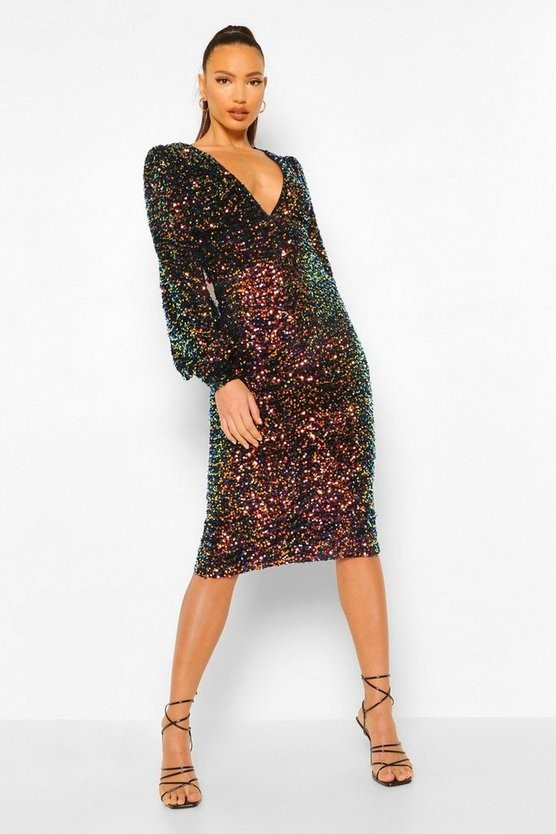 Tall Sequin Balloon Sleeve Plunge Midi Dress | Boohoo.com (US & CA)