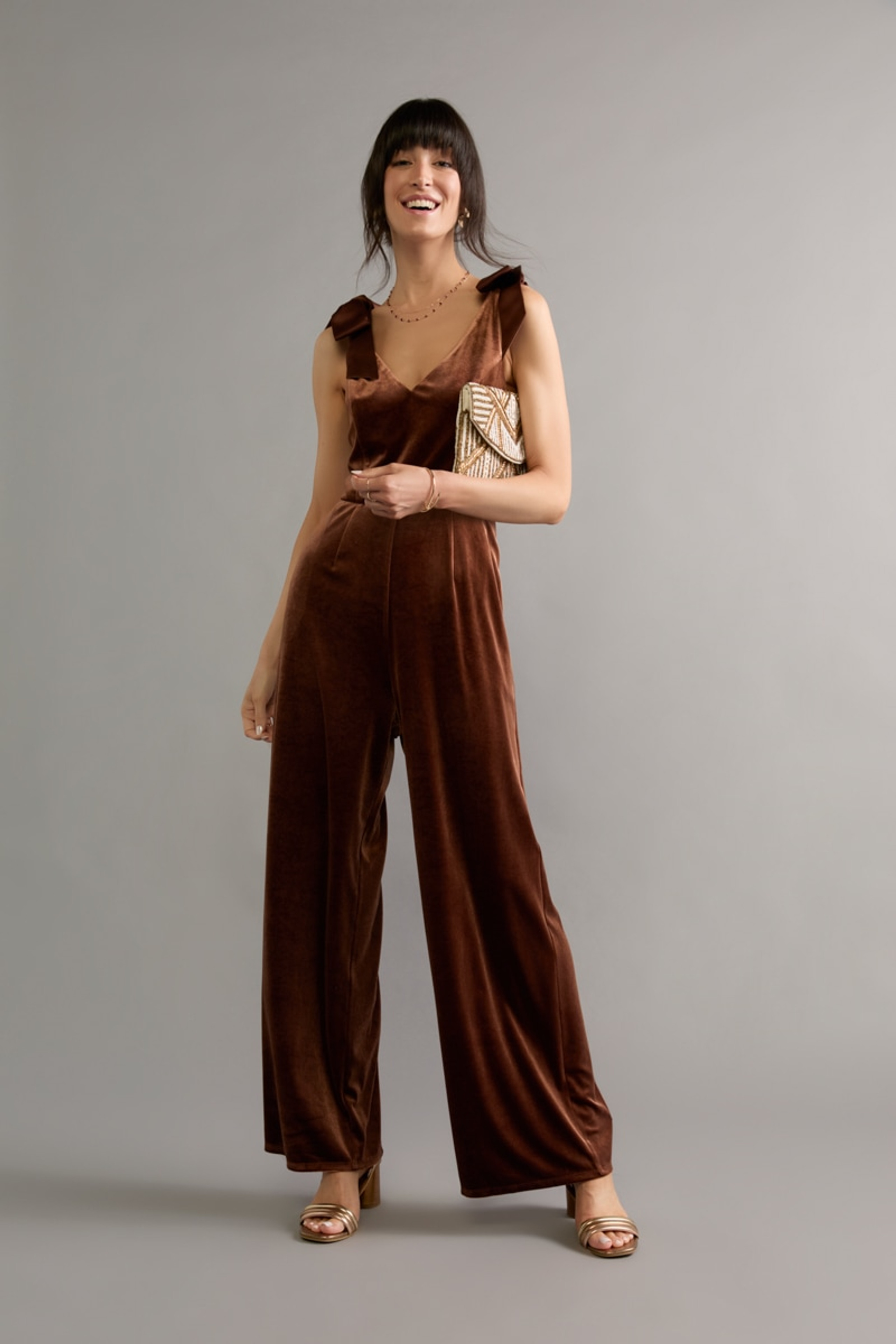 Sherry Velvet Bow Strap Jumpsuit | Francesca's