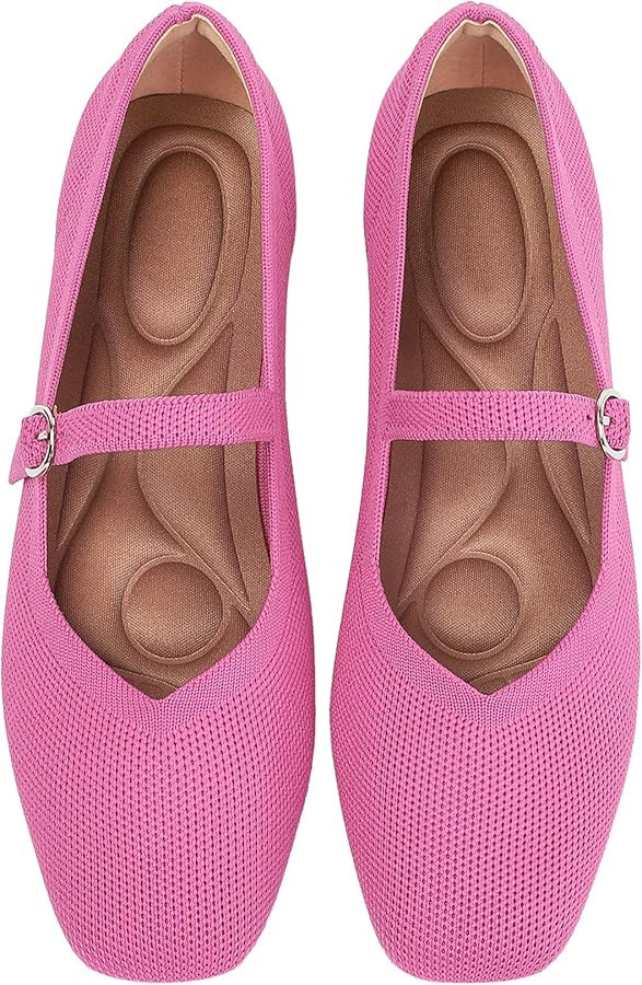 Knit Flats for Women Square Toe Casual Ballet Flat Shoes with Ankle Strap Washable Comfortable Fo... | Amazon (US)