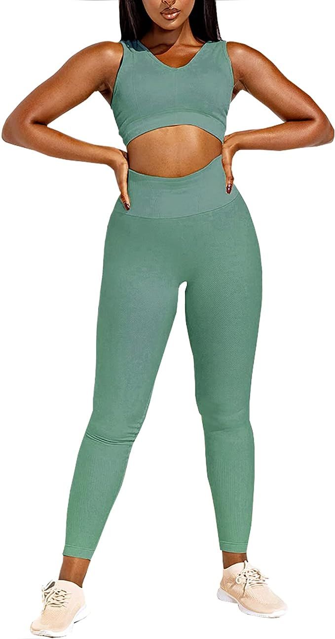 Jetjoy Women 2 piece Workout Set Seamless Super Soft Deep V Neck Bra+Leggings Set Yoga sets Outfi... | Amazon (US)