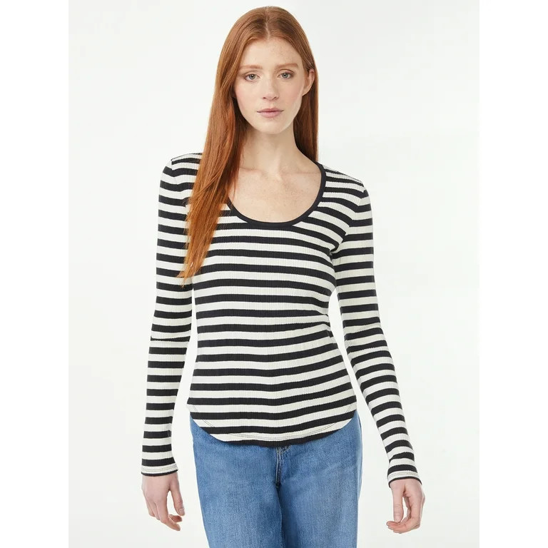 Free Assembly Women's U-Neck Novelty Rib Tee with Long Sleeves | Walmart (US)