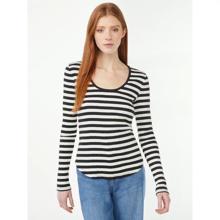 Free Assembly Women's U-Neck Novelty Rib Tee with Long Sleeves | Walmart (US)