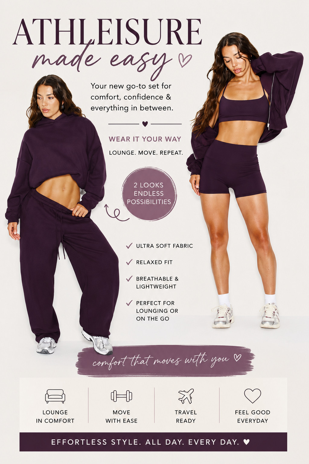 Meet the matching set you'll reach for on repeat. 💜 Whether you're headed to the gym, running errands, grabbing coffee, or staying cozy at home, this rich plum athleisure set does it all. Wear it as a full sweatsuit or swap into the matching sports bra and biker shorts for an effortless look that transitions from workout to weekend.

This is one of those elevated basics you'll never regret adding to your closet—comfortable, flattering, and endlessly versatile.

Shop this look:
• Oversized hoodie
• Wide-leg sweatpants
• Sports bra
• High-waisted biker shorts
• Everyday sneakers

Follow me on LTK for more athleisure outfits, matching sets, activewear finds, and everyday style inspiration.

#LTKActive #LTKFitness #AthleisureStyle #MatchingSet #WorkoutOutfit #GymStyle #Loungewear #EverydayStyle #CasualChic #FitnessFashion #BikerShorts #ComfyStyle #TravelOutfit #AirportStyle #FallFashion #NeutralStyle #Activewear #OOTD #LTKFinds #StyleInspo 

 