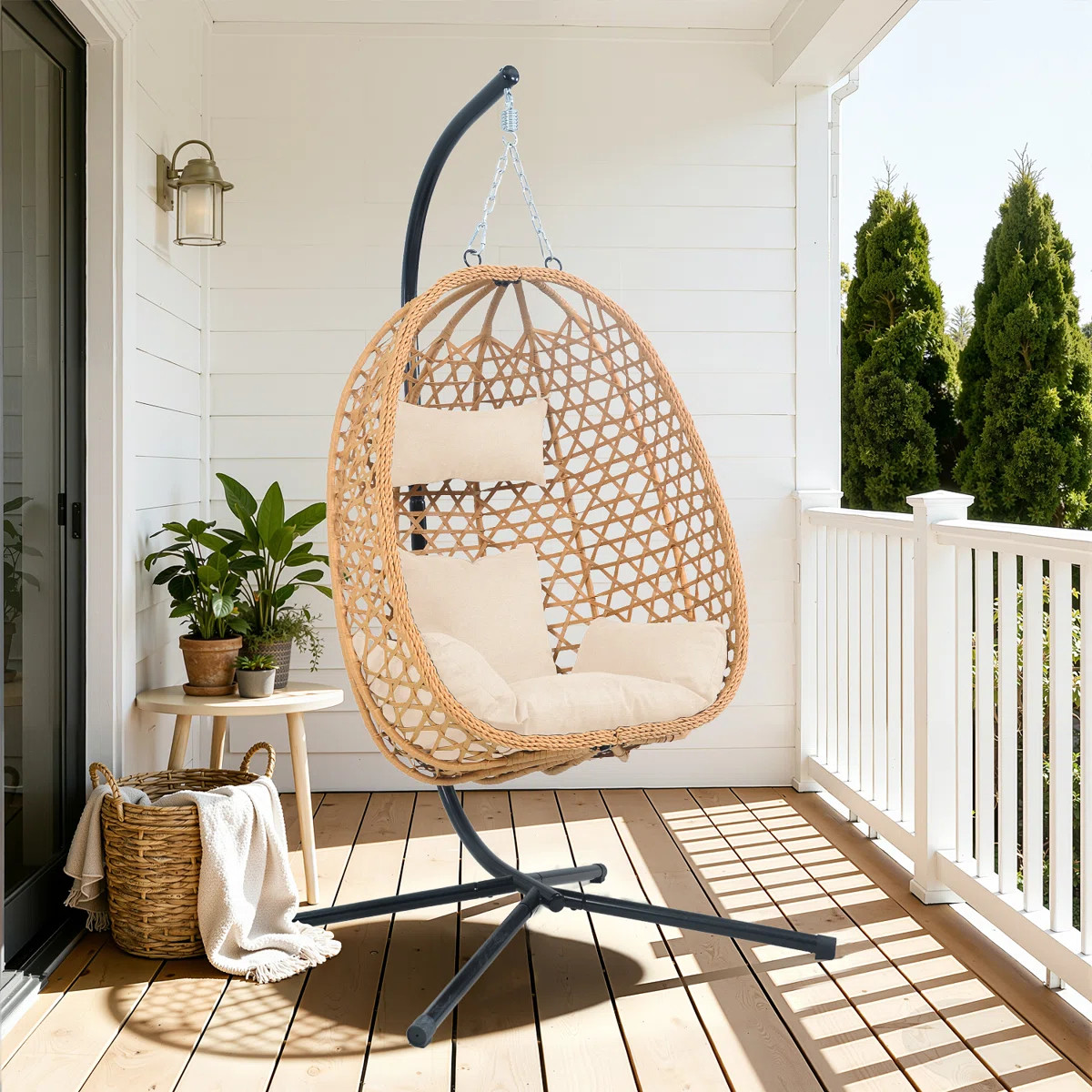 Hanging Egg Chair with Cushion and Stand,Rattan Swing Chair for Indoor & Outdoor Use | Wayfair North America