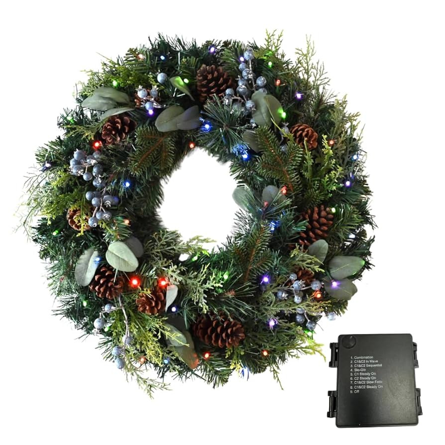 Prelit 24" Holiday Wreath – Lifelike Mixed Artificial Pine & Cedar with Blueberries and 50 Batt... | Amazon (US)