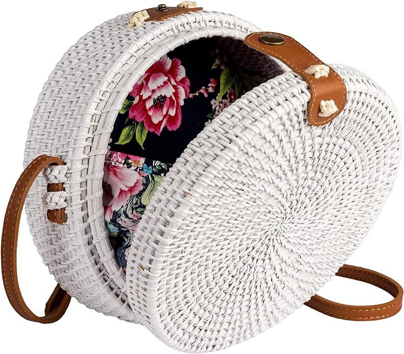 White Round Rattan Bag Shoulder Leather Straps | Wicker Hand Woven Beach Bags for Women | Straw B... | Amazon (US)