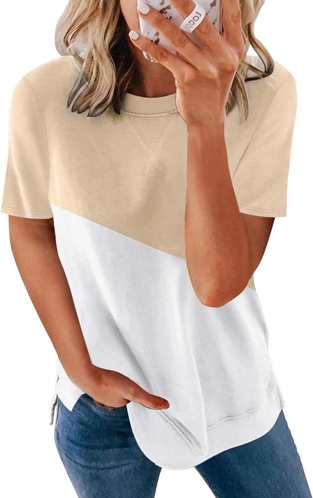 Biucly Womens Short Sleeve Crewneck Shirts Loose Casual Tee T-Shirt | Amazon (US)