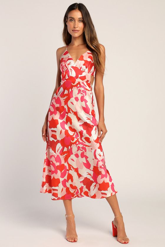 Front Page Hues Coral Multi Floral Print Satin Midi Dress | Lulus (US)