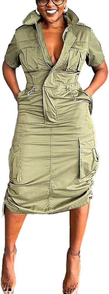 LROSEY Women Y2k Cargo Dress with Pockets Casual Short Sleeve Zip Up Ruched Drawstring Midi Utili... | Amazon (US)