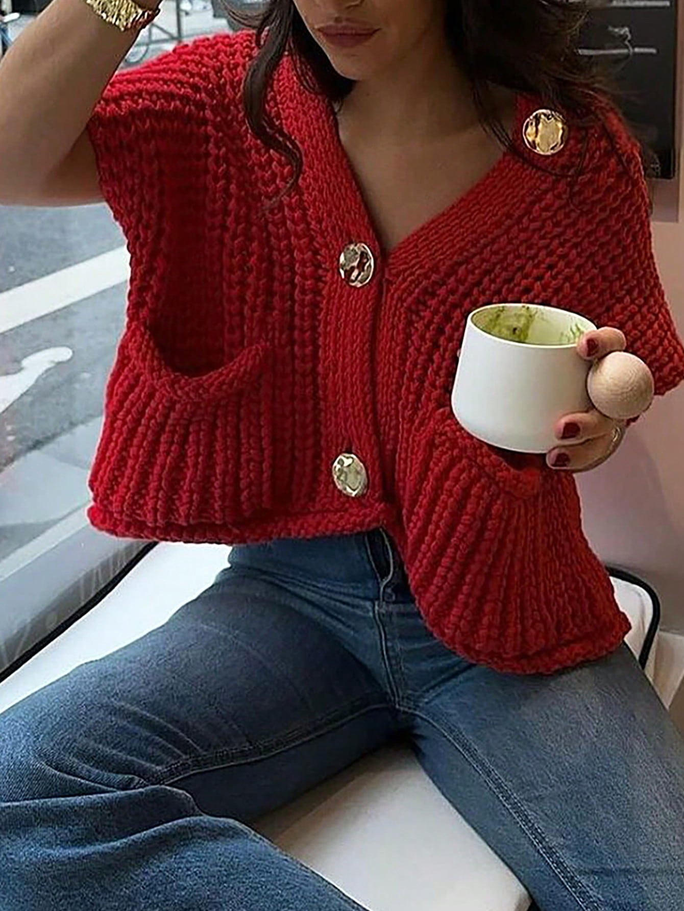 SHEIN Essnce Plus Size Solid Color Front Button Short Sleeve Pocket Simple Casual Sweater Vest | SHEIN