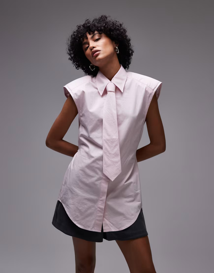ASOS DESIGN shoulder pad sleeveless shirt with tie in pink | ASOS (Global)