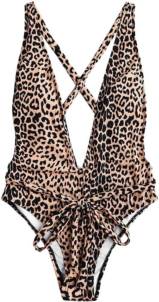 SweatyRocks Women's Sexy Bathing Suits Criss Cross Tie Knot Front Deep V Open Back Leopard One Pi... | Amazon (US)