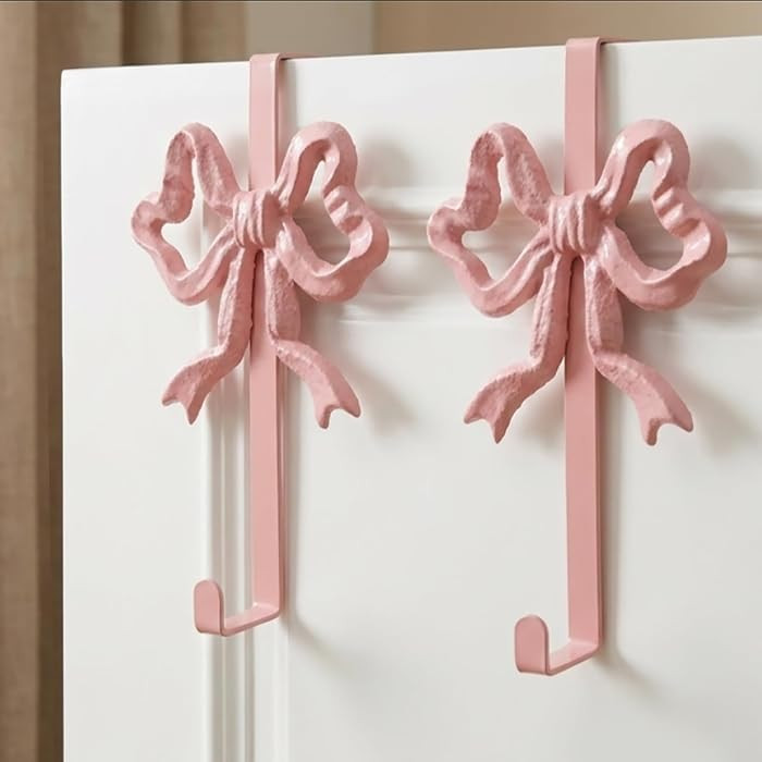 JarThenaAMCS 2Pcs Pink Bow Over The Door Hooks Metal Door Hanger Hooks Coquette Towel Coat Hanger... | Amazon (US)
