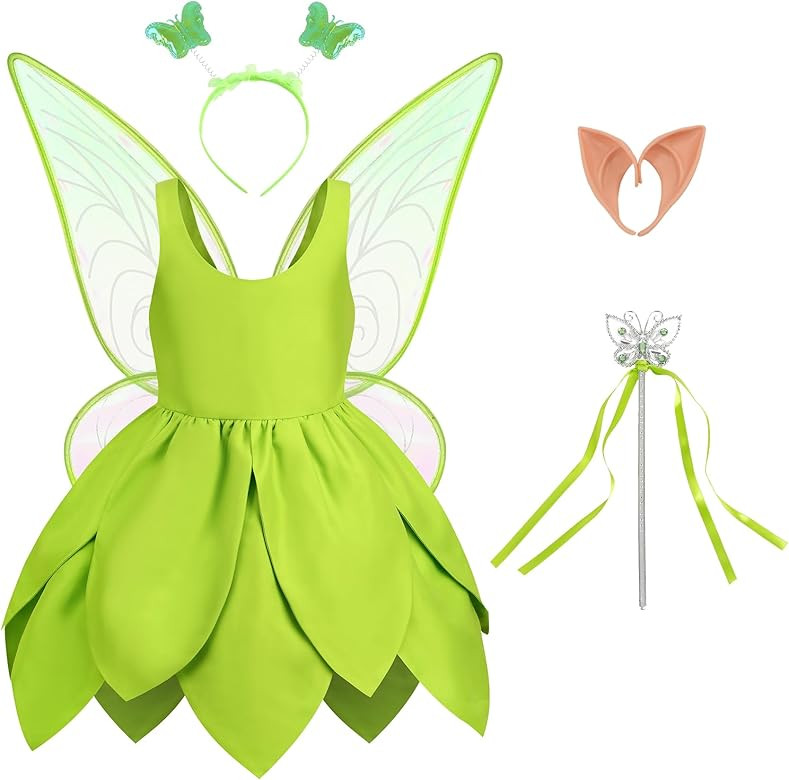 Kosgraiy Tinkerbell Costume for Girls,Toddler Girls Fairy Dress with Pixie Elf Ears and Wings,Pri... | Amazon (US)