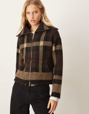 JDY open collar zip cardigan in brown check | ASOS | ASOS (Global)