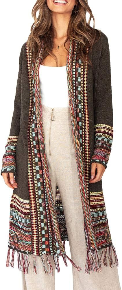 Women Boho Cardigan Sweater Long Open Front Maxi Knit Sweaters Aztec Tribal Tassel Fringe Thin Coat | Amazon (US)