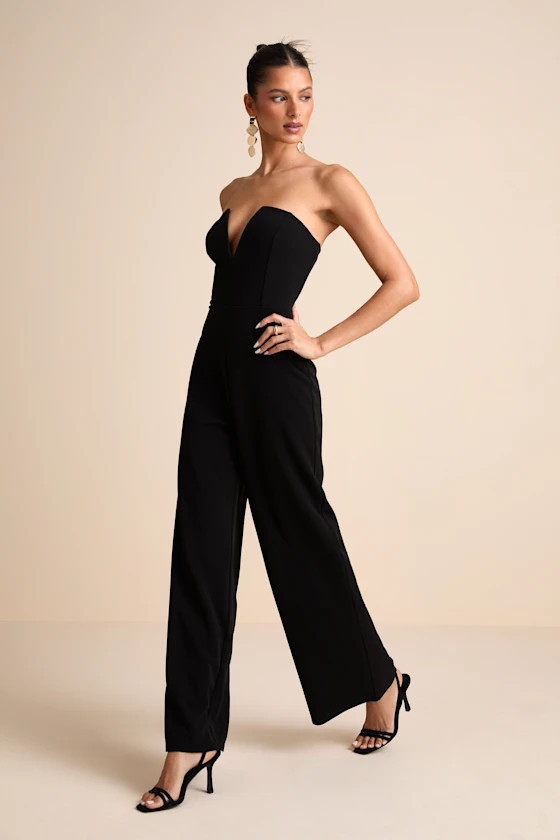 Cris Black Plunge Strapless Straight Leg Jumpsuit | Lulus