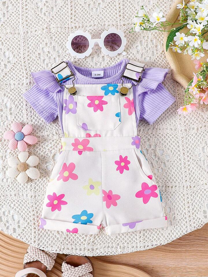 2pcs/Set Baby Girl Cute Short Sleeve Romper + Bib Pants Summer Outfit, Lightweight | SHEIN