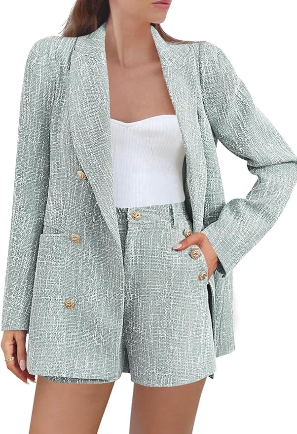 Cicy Bell Womens 2 Piece Tweed Blazer Shorts Sets Long Sleeve Double Breasted Suit Jackets Busine... | Amazon (US)
