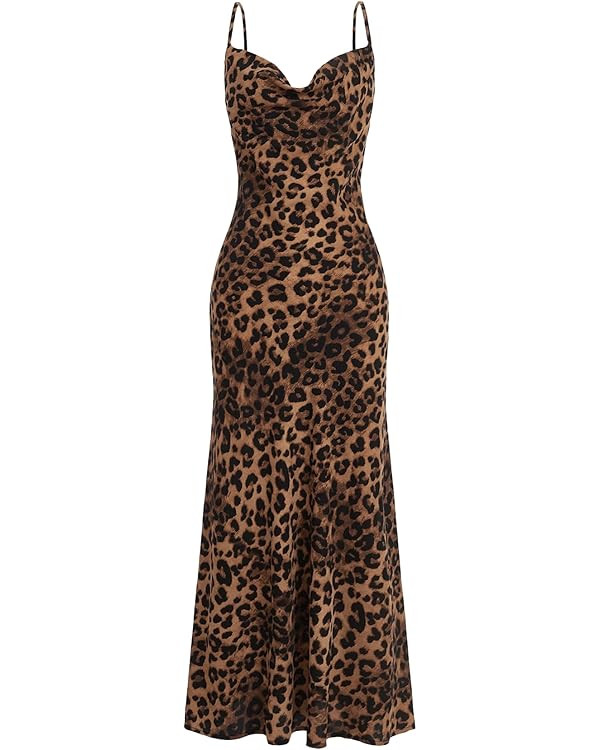 Floerns Leopard Print Draped Collar Spaghetti Strap Long Dress | Amazon (US)