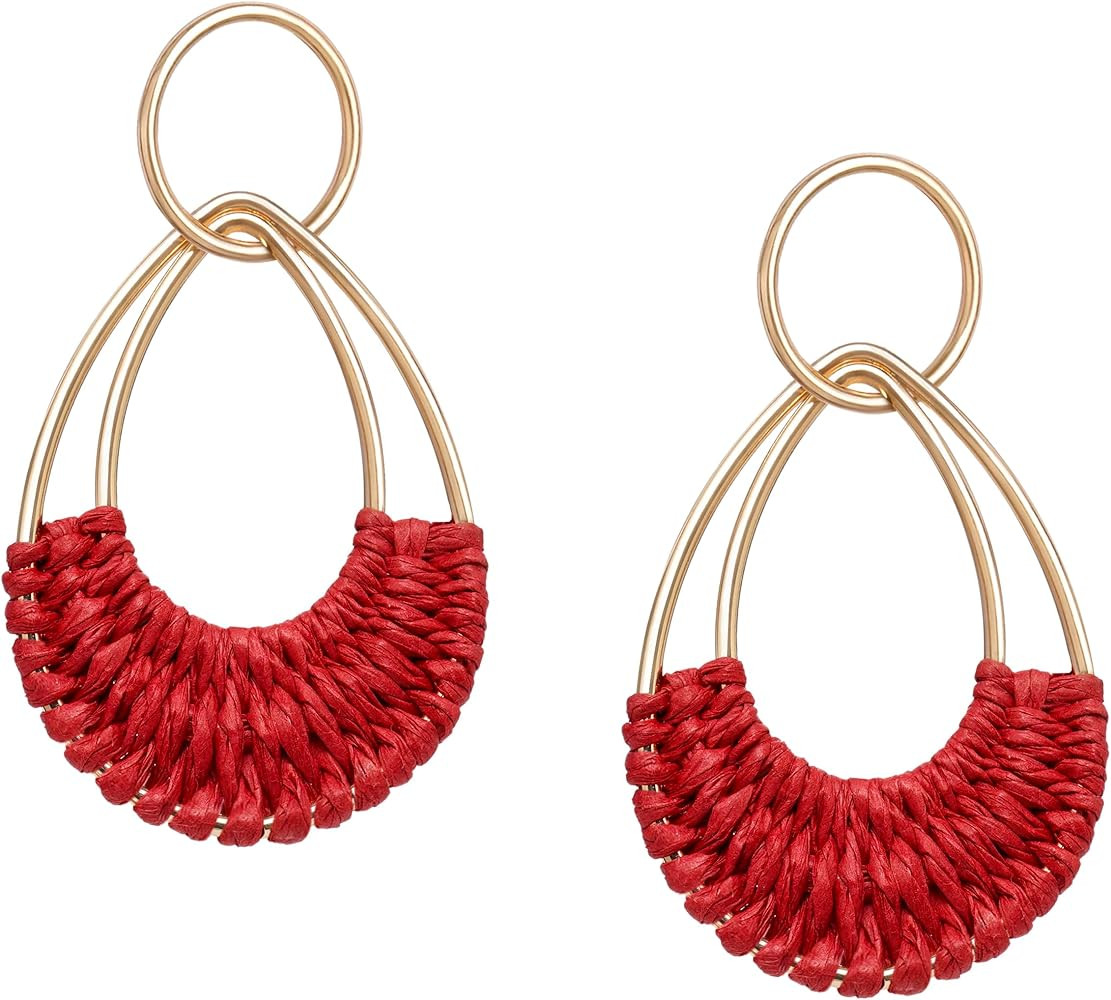 Raffia Hoop Earrings for Women Fun Boho Summer Beach Earrings Lightweight Handmade Straw Wicker R... | Amazon (US)