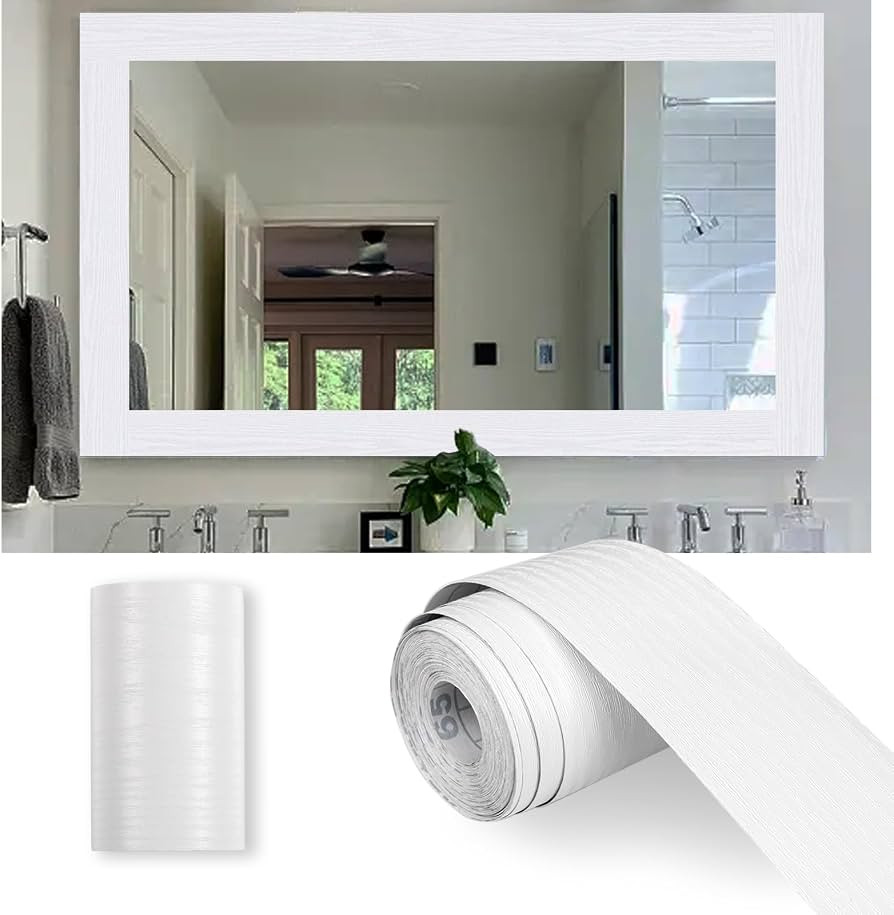 Alened 10M White Wood Grain Mirror Frame Border Peel and Stick Wallpaper, Removable PVC Waterproo... | Amazon (US)