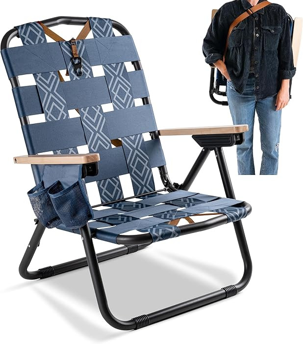 CleverMade Kove Twilight Blue Beach Camping Chair, Hands Free Carrying Strap + Real Wood Handles ... | Amazon (US)