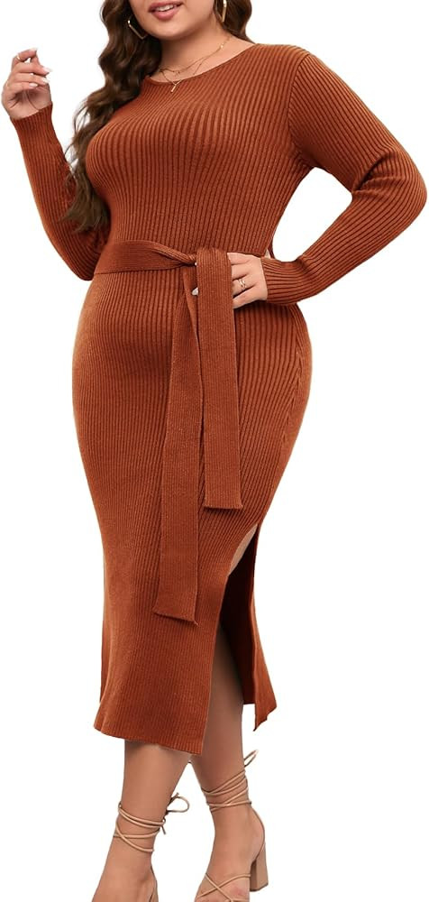 ZOMVA 2023 Plus Size Sweater Dress 1X-4X Long Sleeves Crewneck Ribbed Knit Dress Fall Winter Midi... | Amazon (US)