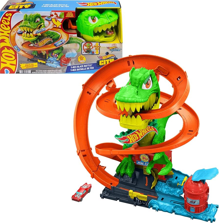 Hot Wheels Toy Car Track Set, City T-Rex Blaze Battle Playset & 1:64 Scale Die-Cast Vehicle, 18... | Amazon (US)