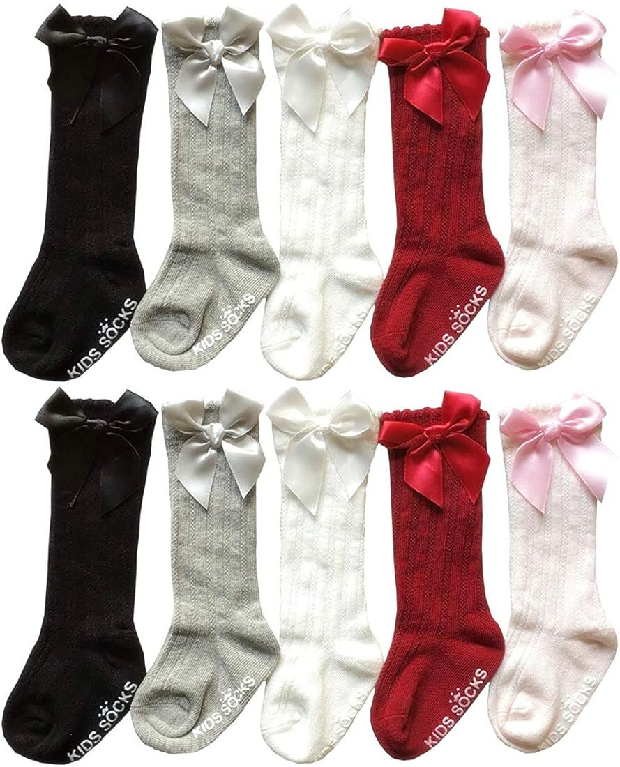 QandSweet Baby Girl Knee-High Socks Toddlers Bow Stockings Newborn Infant Non-Slip Sock | Amazon (US)