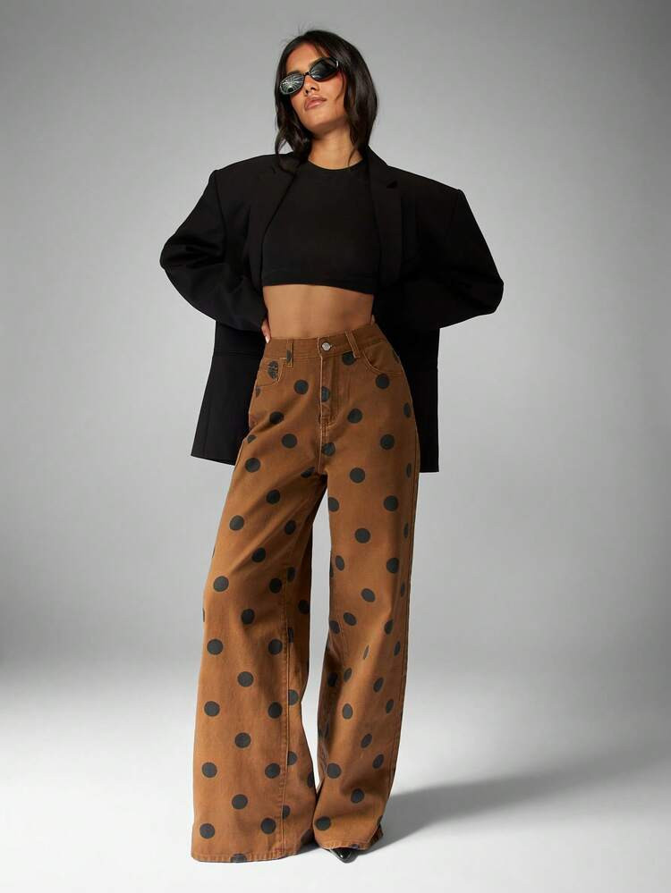 MISSGUIDED Cotton Wide Leg Polka Dot Jeans High Waisted Retro Style Palazzo Pants Casual Statement Bottom Autumn Winter Fashion Y2K Print Design | SHEIN