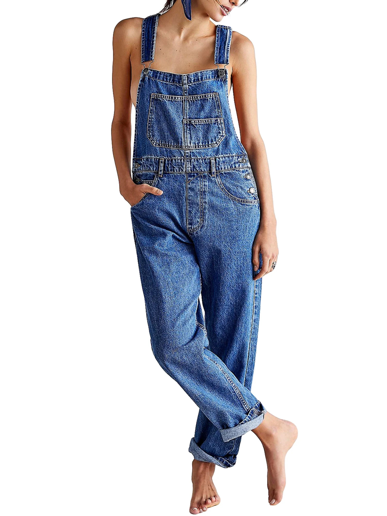 Mubineo Women Denim Long Jumpsuit Casual Spaghetti Strap Wide Leg Romper Pants Summer Baggy Bib O... | Walmart (US)