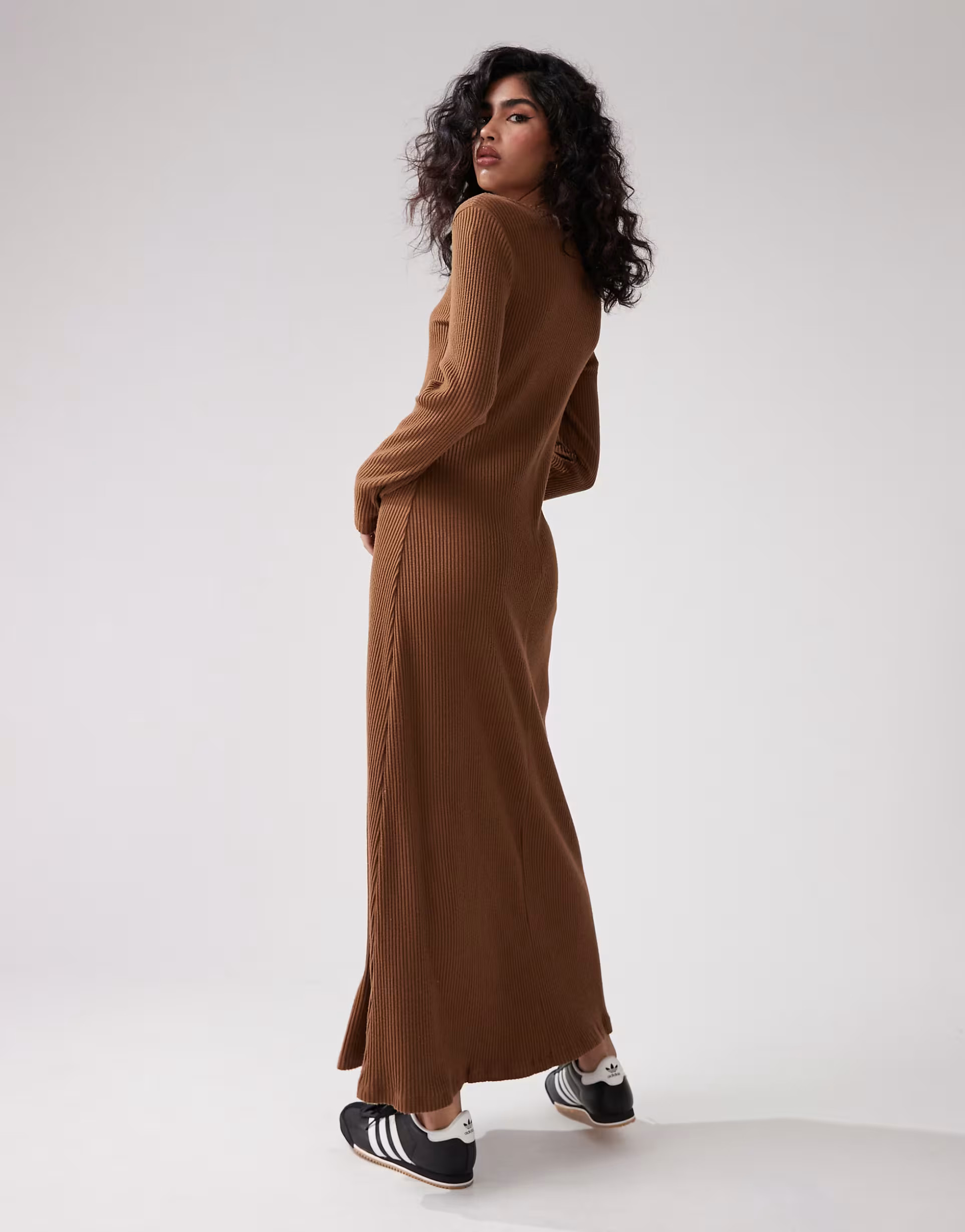 ASOS DESIGN supersoft rib crew neck midi dress with long sleeve in chocolate | ASOS (Global)