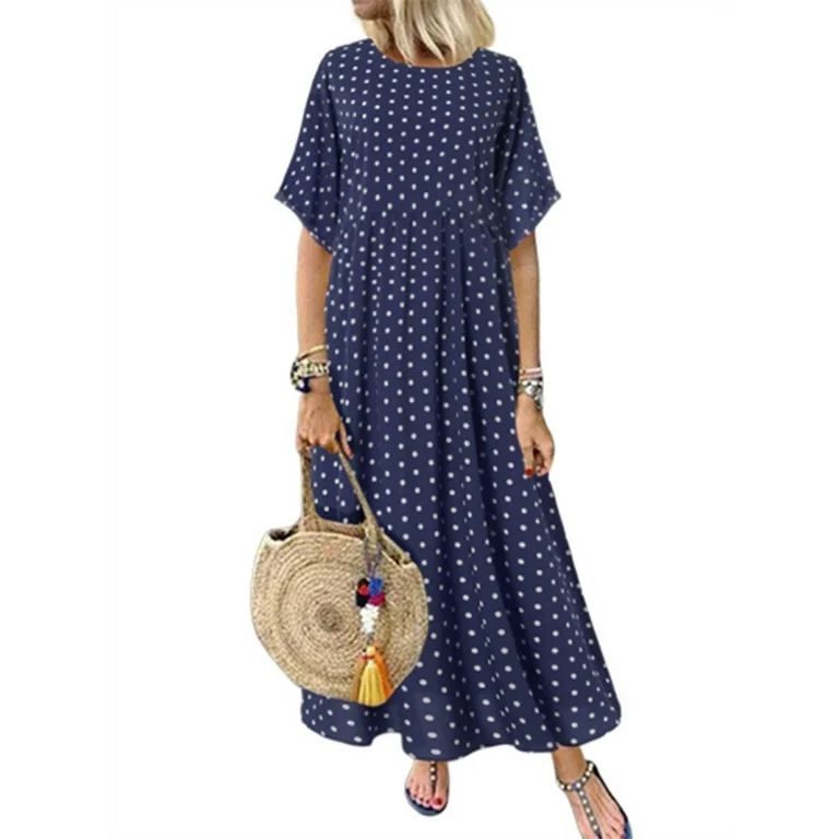 ZANZEA Womens Polka Dot Short Sleeve Long Dress Baggy Kaftan Maxi Dresses | Walmart (US)